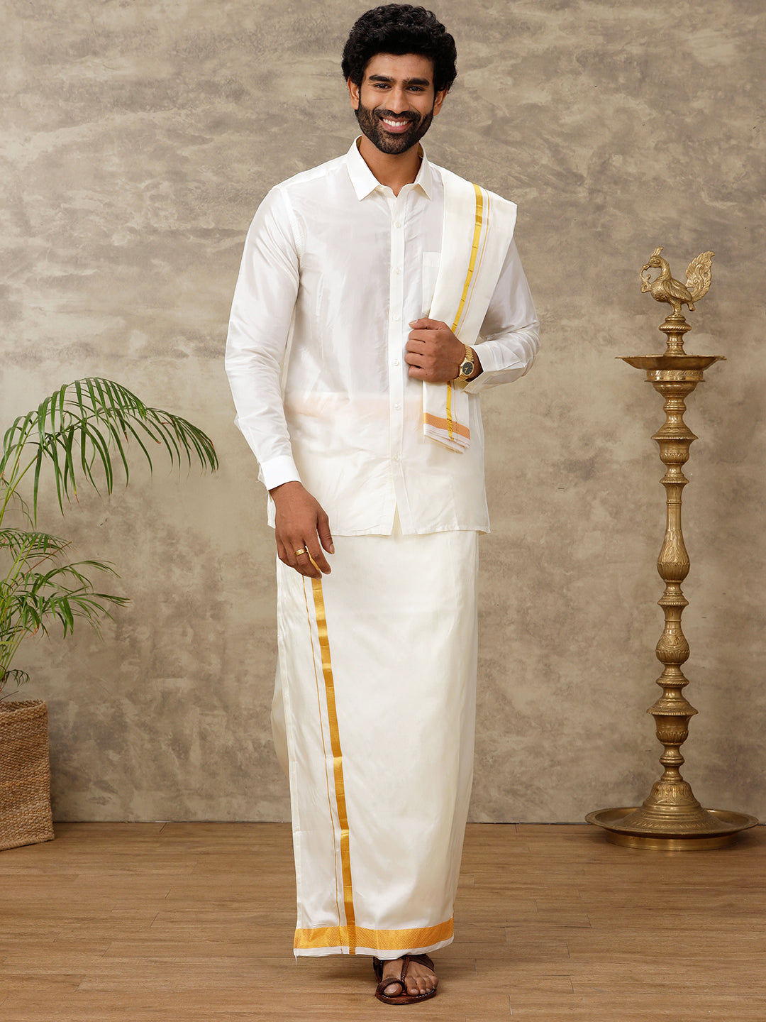 Men Silk Cream 1 1/2" inch Jari Dhoti Shirt & Towel Set Subha Vaibhavaa