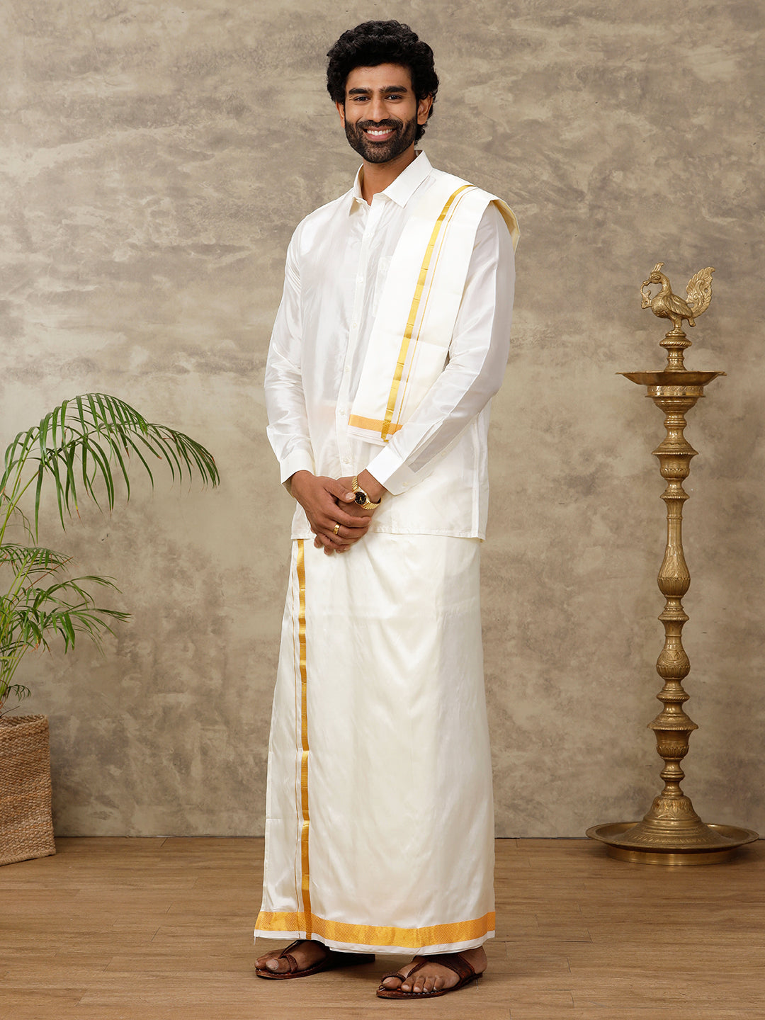 Men Pure Silk Cream with 1 1/2" inch Jari Border Dhoti & Towel Set Thirukalyan 40K