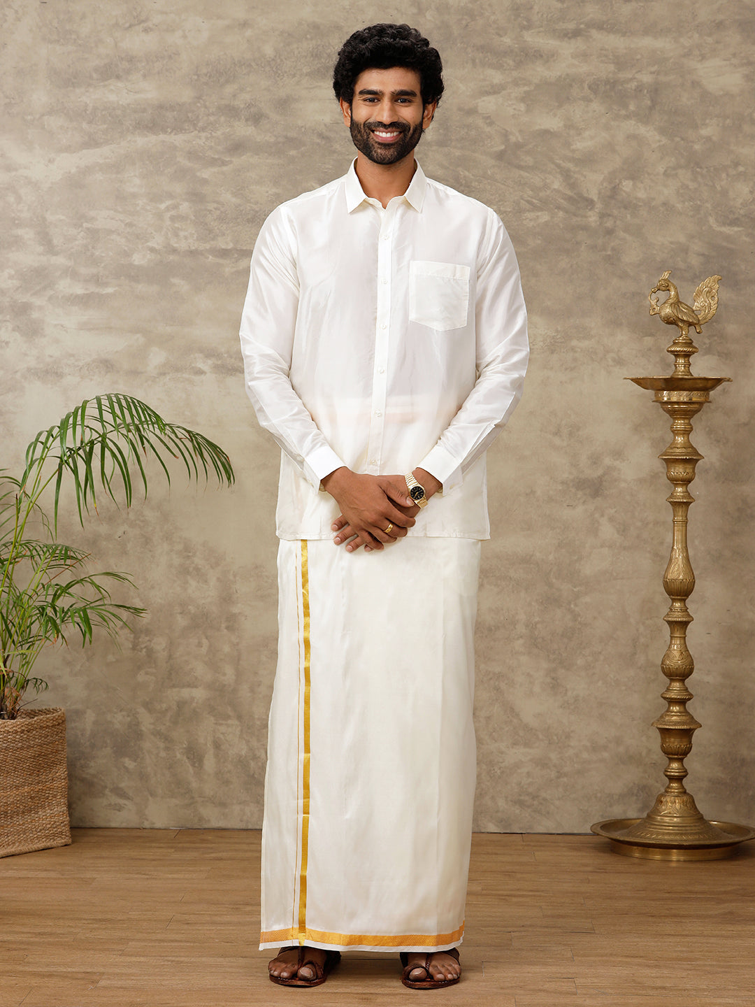 Men Silk Cream with 3/4" inch Jari Border Dhoti & Shirting Set Vivaga Chiranjeeve