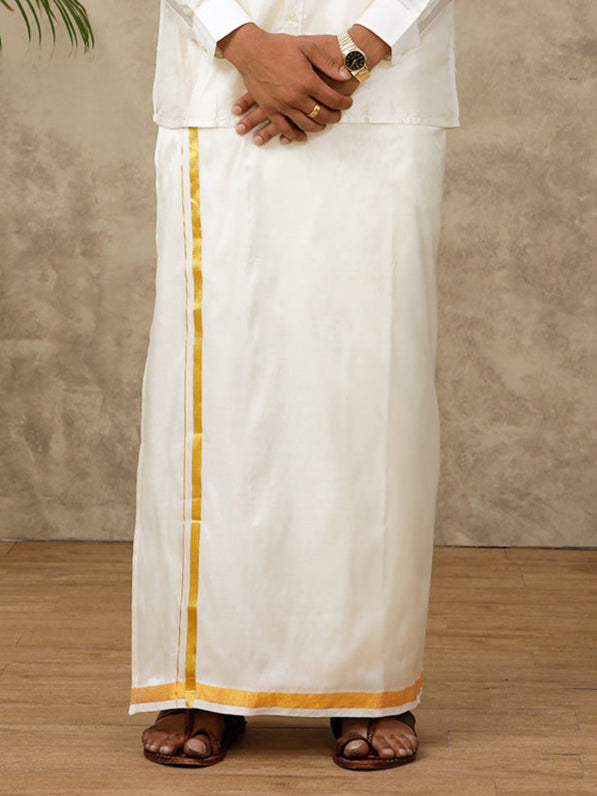 Men Art Silk Readymade Double Layer Cream Dhoti with 3/4"  inch Gold Jari Border
