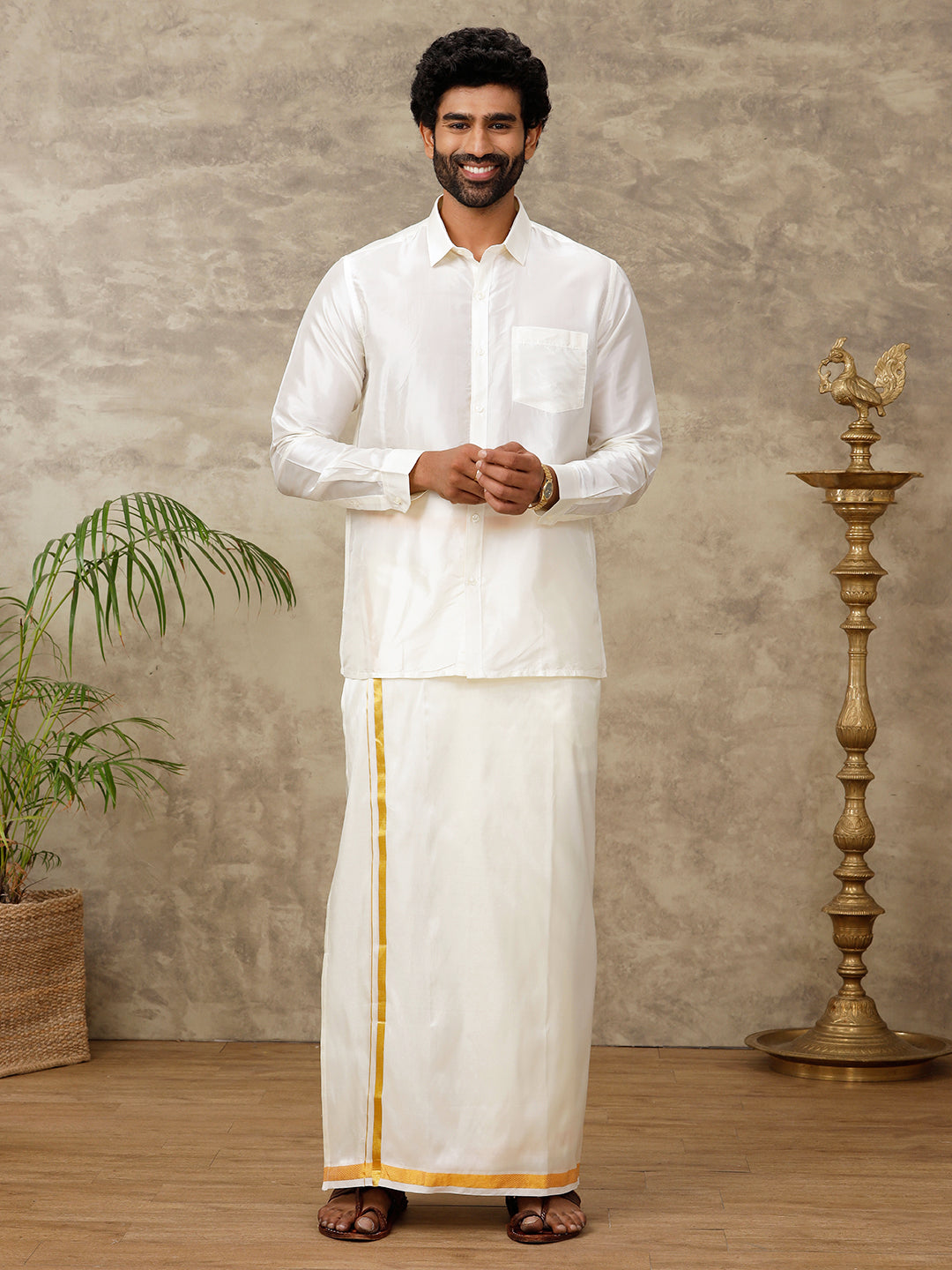 Mens Cream Art Silk Full Sleeves Shirt with Readymade Double Dhoti Combo