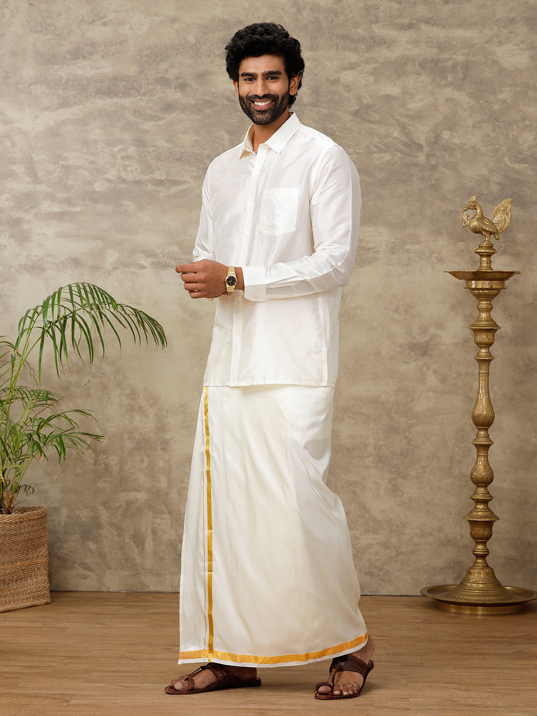 Men Silk Cream with 3/4" inch Jari Border Dhoti & Shirting Set Vivaga Chiranjeeve