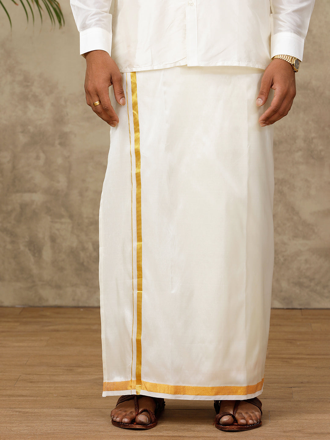 Men Silk Cream with 3/4" inch Jari Border Dhoti & Shirting Set Vivaga Chiranjeeve