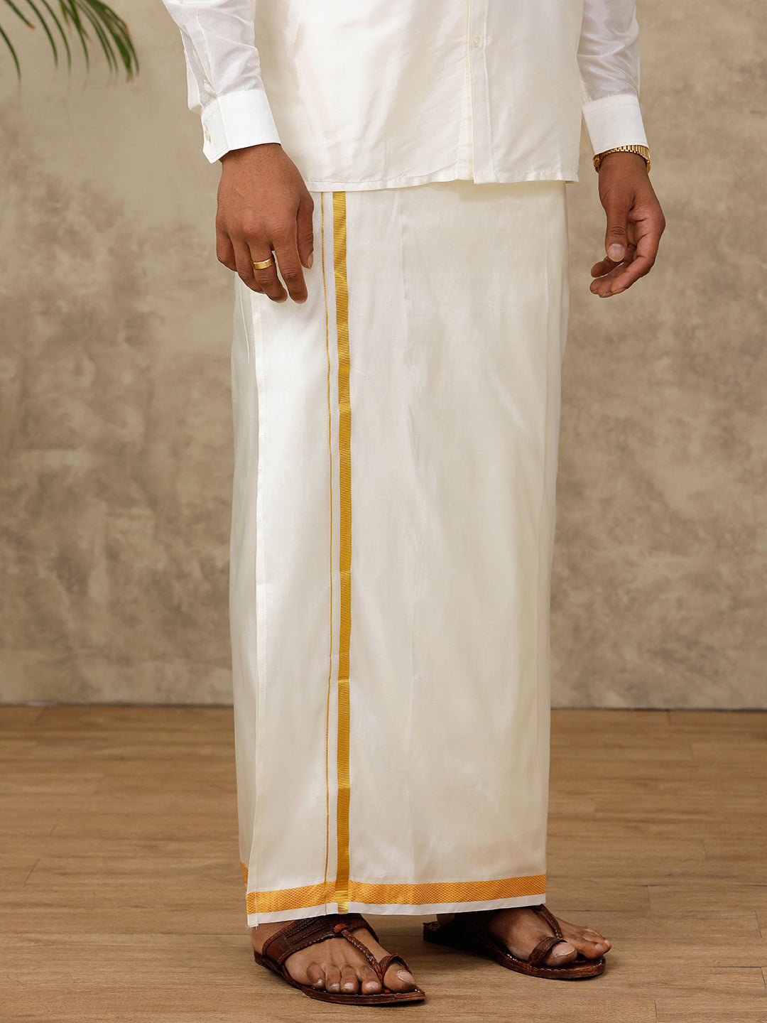 Men Art Silk Cream with 3/4"  inch Gold Jari Border Readymade Double Layer Dhoti