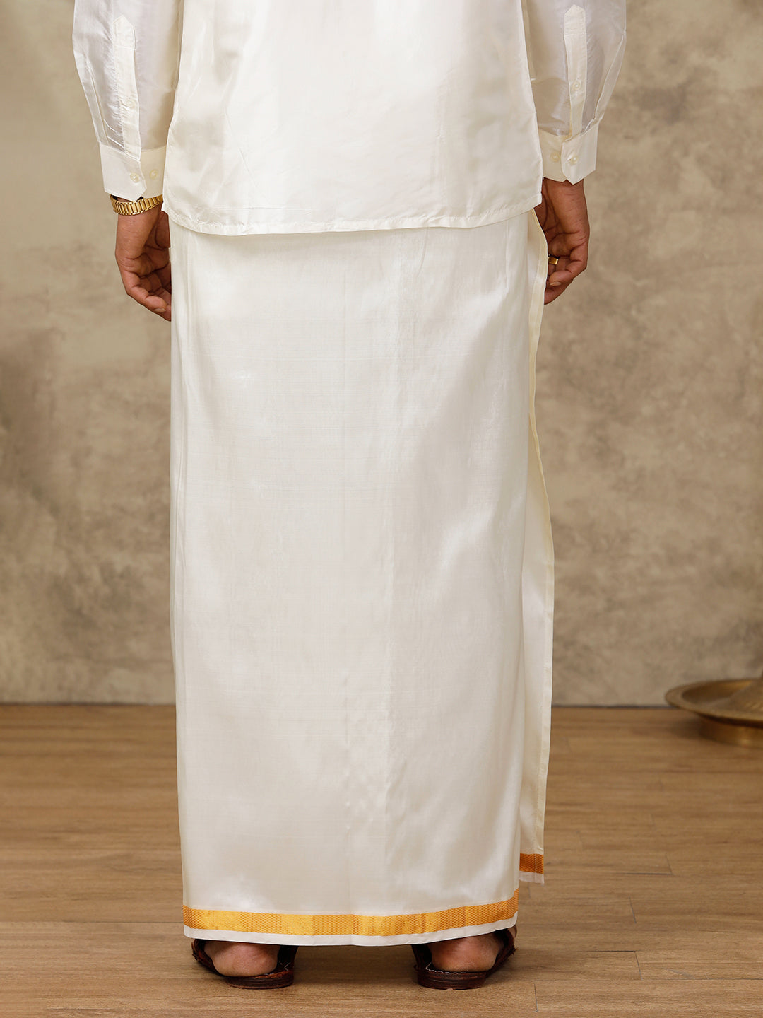 Men Readymade Cream Art Silk Double Dhoti with 3/4" Gold Jari Border