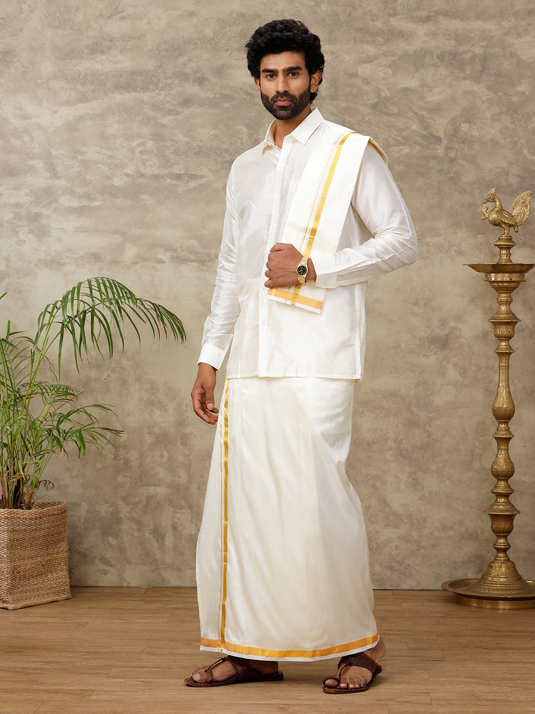 Men Cream Art Silk Full Sleeves Shirt, Double Dhoti & Towel with Belt Combo