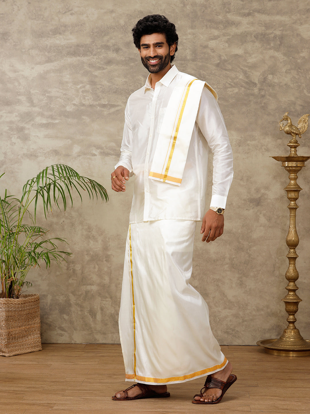 Men Silk Cream with 3/4" Gold Jari Border Readymade Dhoti & Towel Set