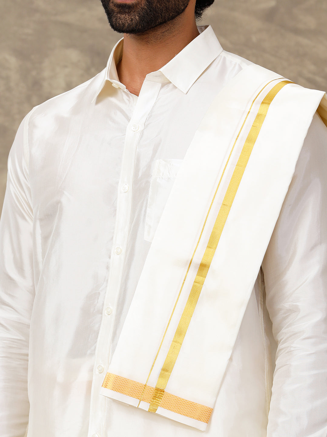 Men Silk Cream with 3/4" Gold Jari Border Readymade Dhoti & Towel Set