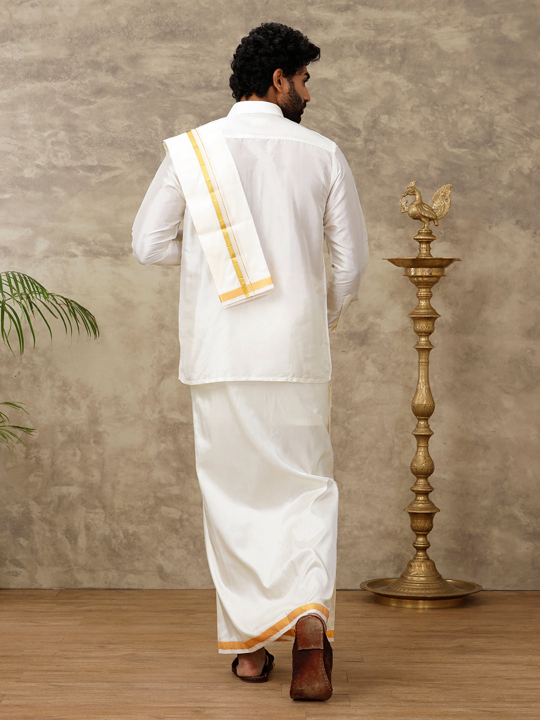 Men Silk Cream with 3/4" Gold Jari Border Readymade Dhoti & Towel Set