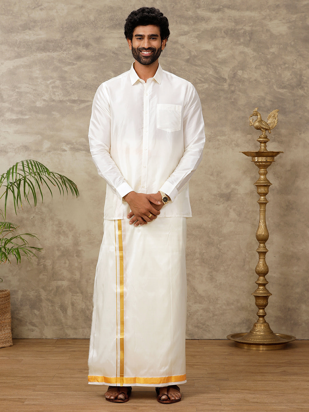 Men Pure Silk Cream 1" inch Jari Dhoti & Shirting Purna Mithra