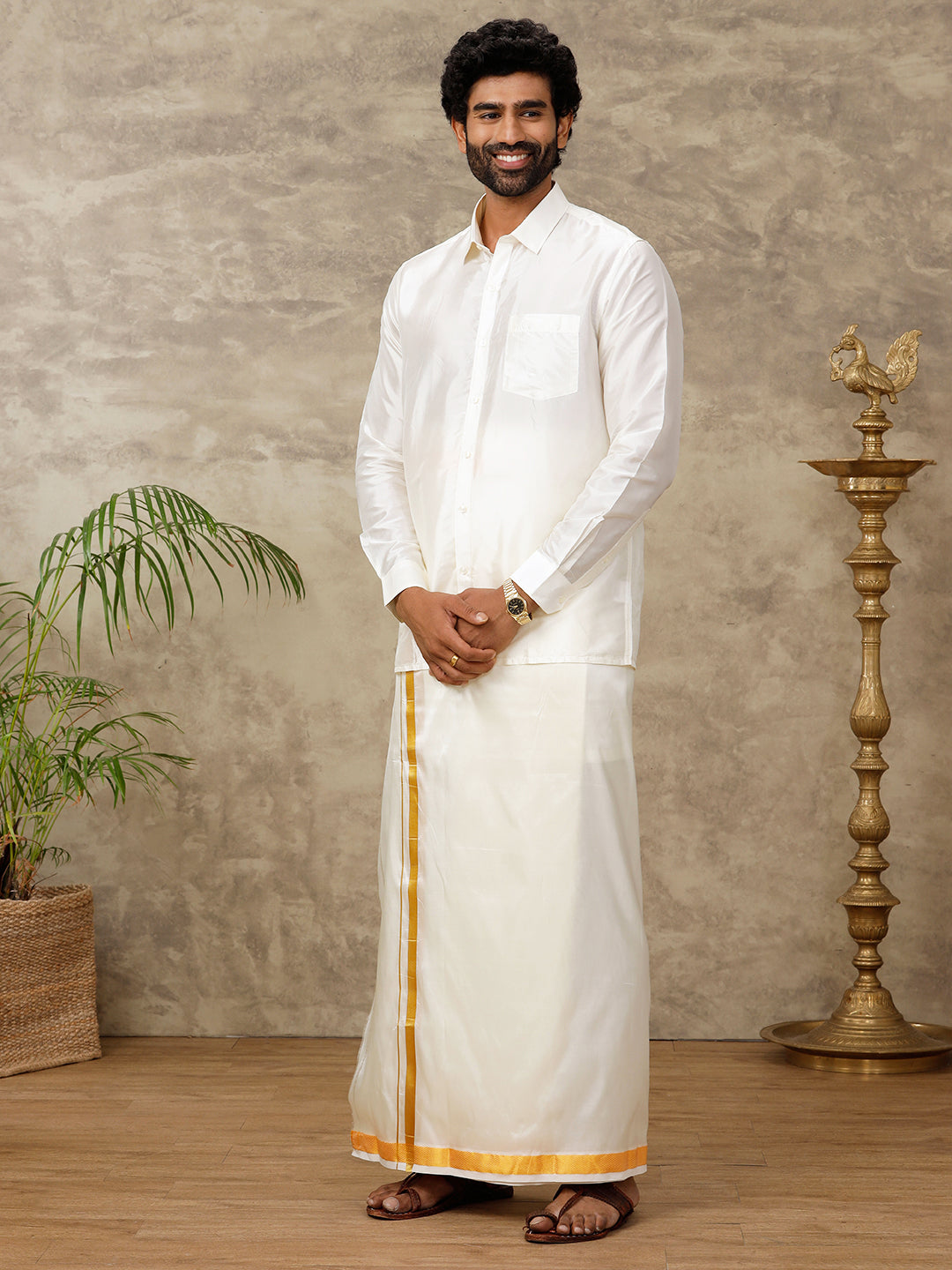 Men Silk Cream 1" inch Border Dhoti & Shirting Set Vivaga Chiranjeeve