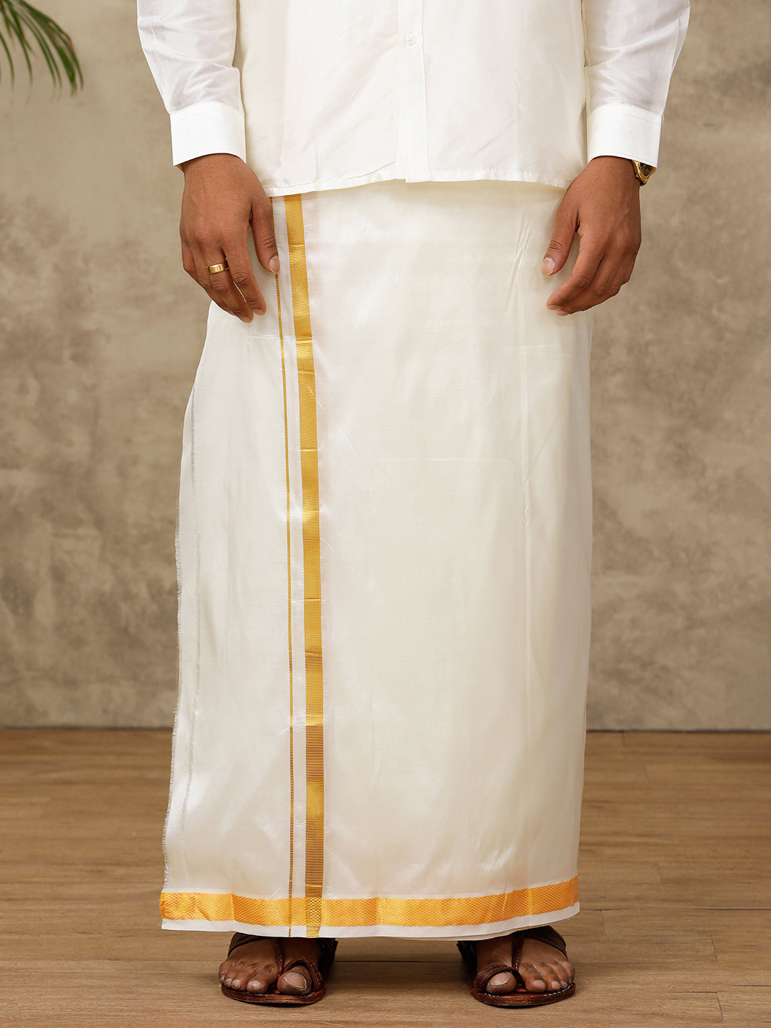 Men Silk Cream with 1" inch Jari Border Dhoti Shirt & Towel Set Subha Vaibhavaa