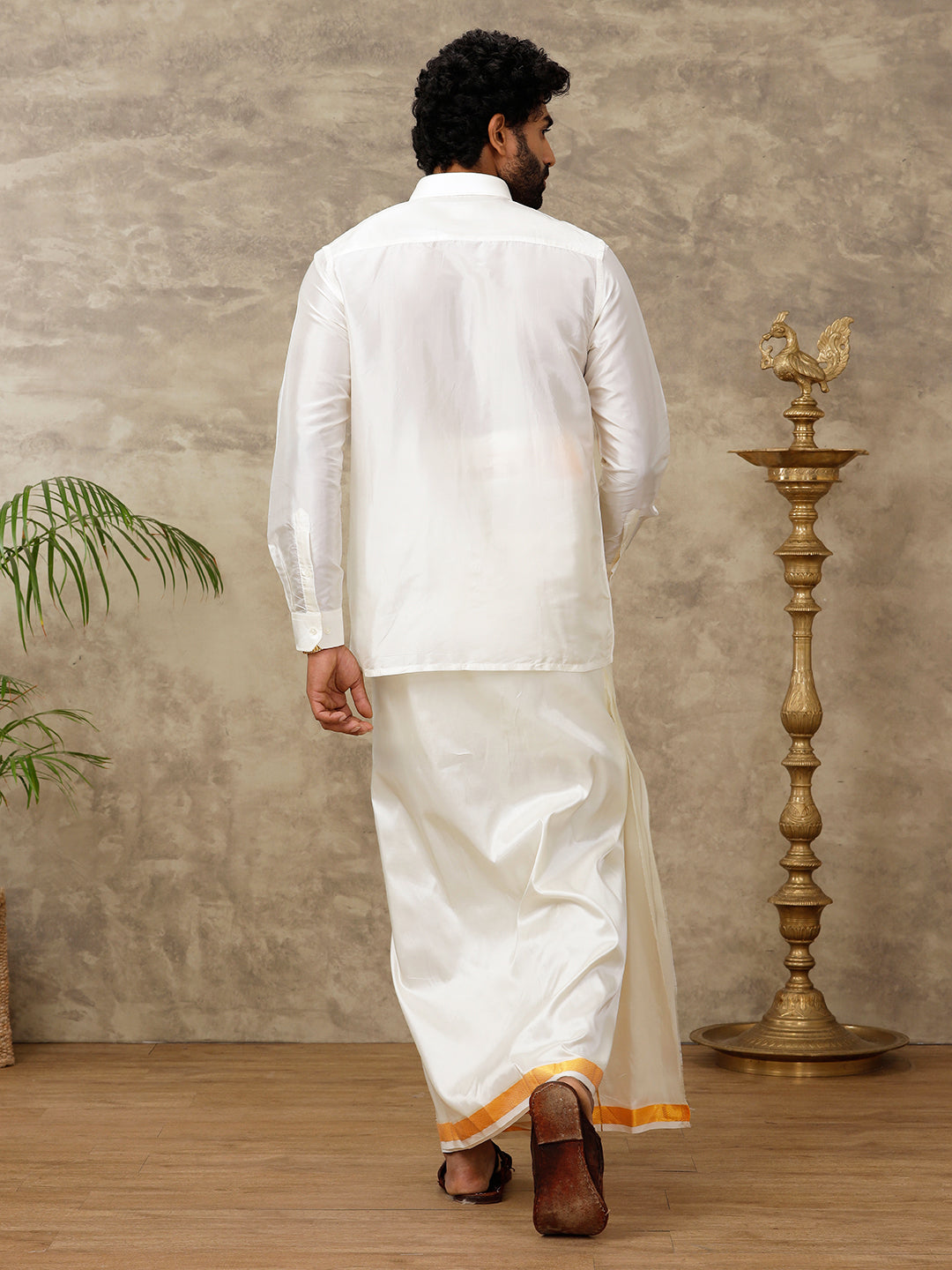 Men Pure Silk Cream 1" inch Jari Dhoti & Shirting Purna Mithra