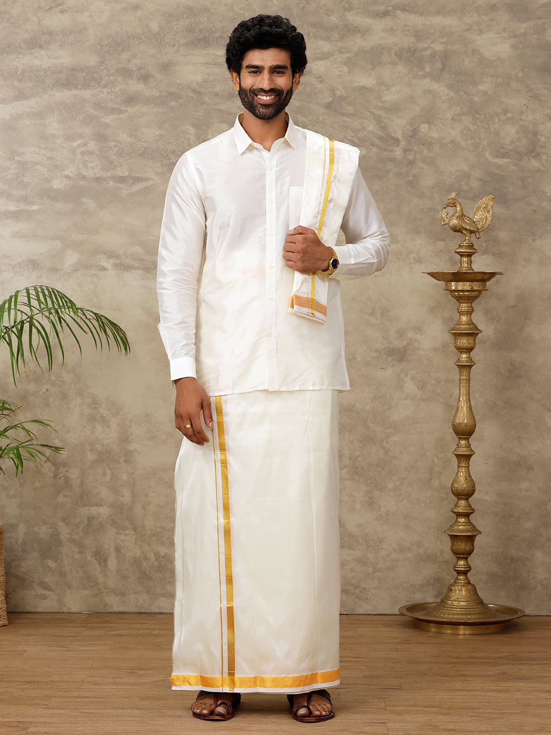 Men Silk Cream with 1" inch Jari Border Dhoti Shirt & Towel Set Subha Vaibhavaa