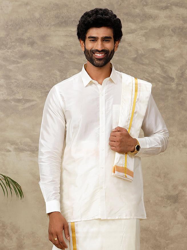 Men Silk Cream with 1" inch Jari Border Towel Suba Vivaga