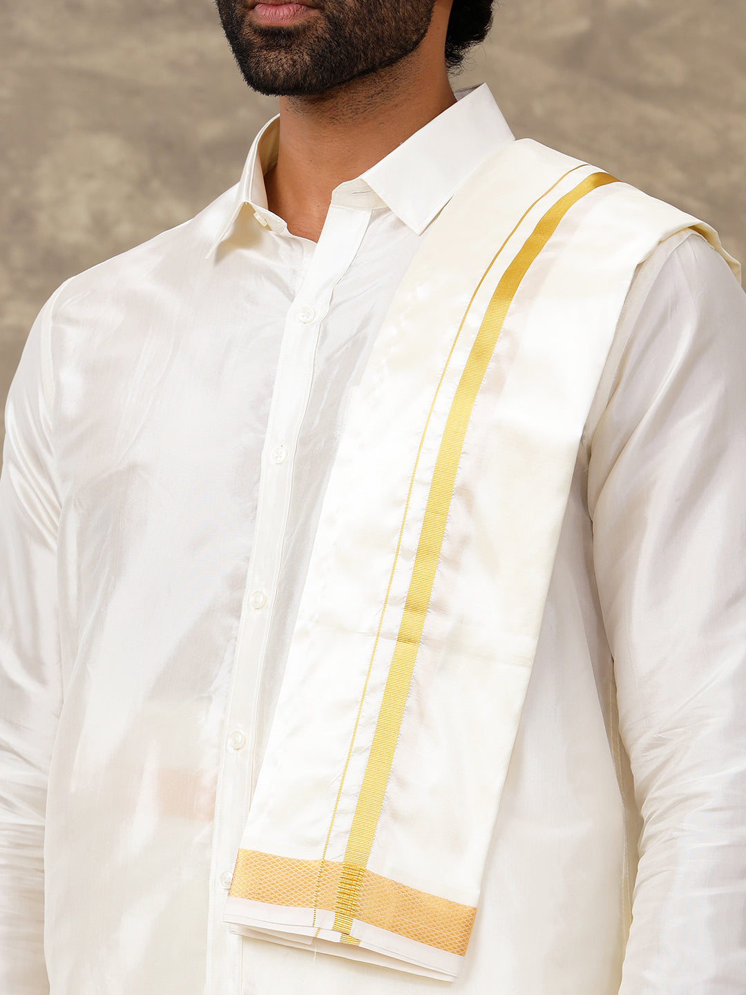 Men Silk Cream with 1" inch Jari Border Dhoti Shirt & Towel Set Subha Vaibhavaa