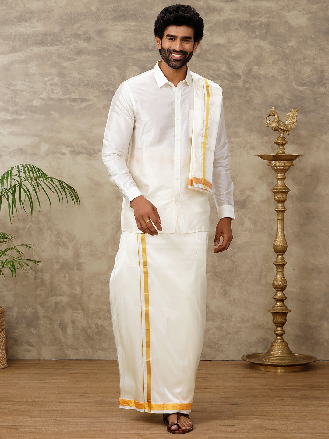 Men Silk Cream with 1" inch Jari Border Towel Suba Vivaga