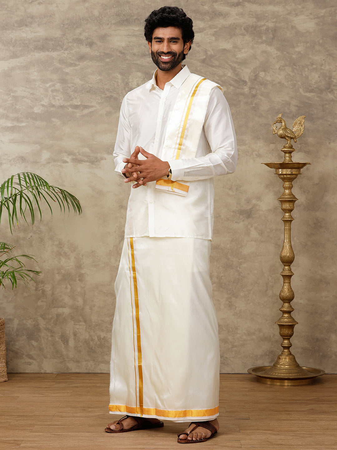 Men Silk Cream with 1" inch Jari Border Dhoti Shirt & Towel Set Subha Vaibhavaa