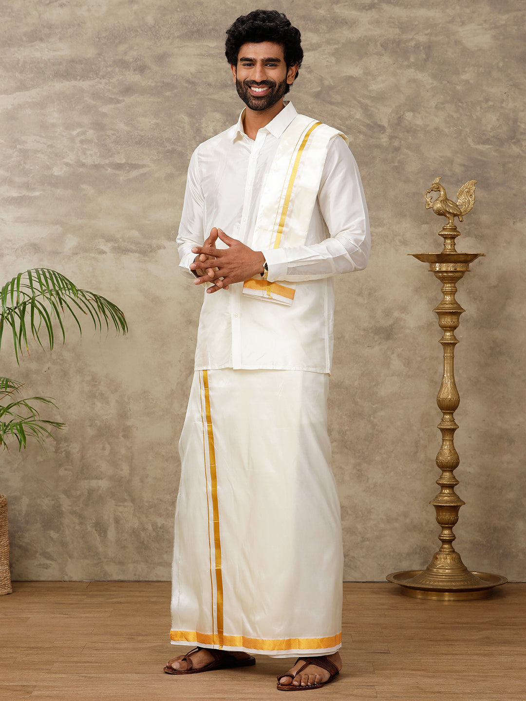Couple Combo Shirt & Dhoti Set with Saree Cream ASS99