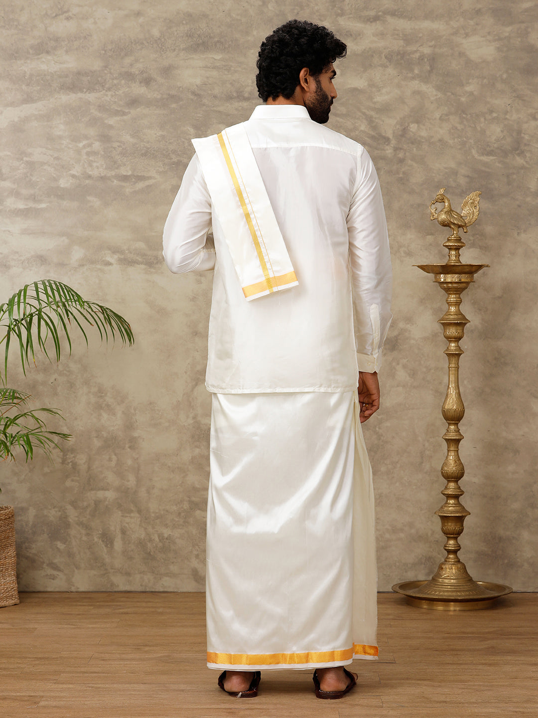 Men Silk Cream 1" inch Jari Dhoti Shirt & Towel Set Subha Vaibhavaa