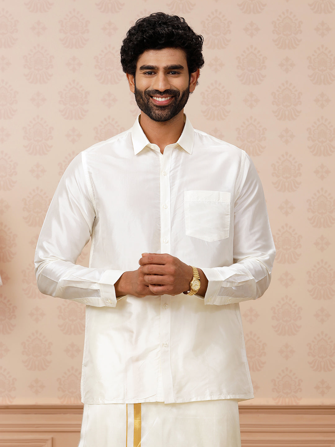 Men Pure Silk Cream Shirt Full Sleeves Silk Mark