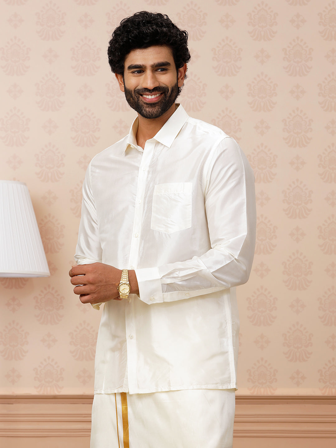 Men Pure Silk Cream Shirt Full Sleeves Silk Mark