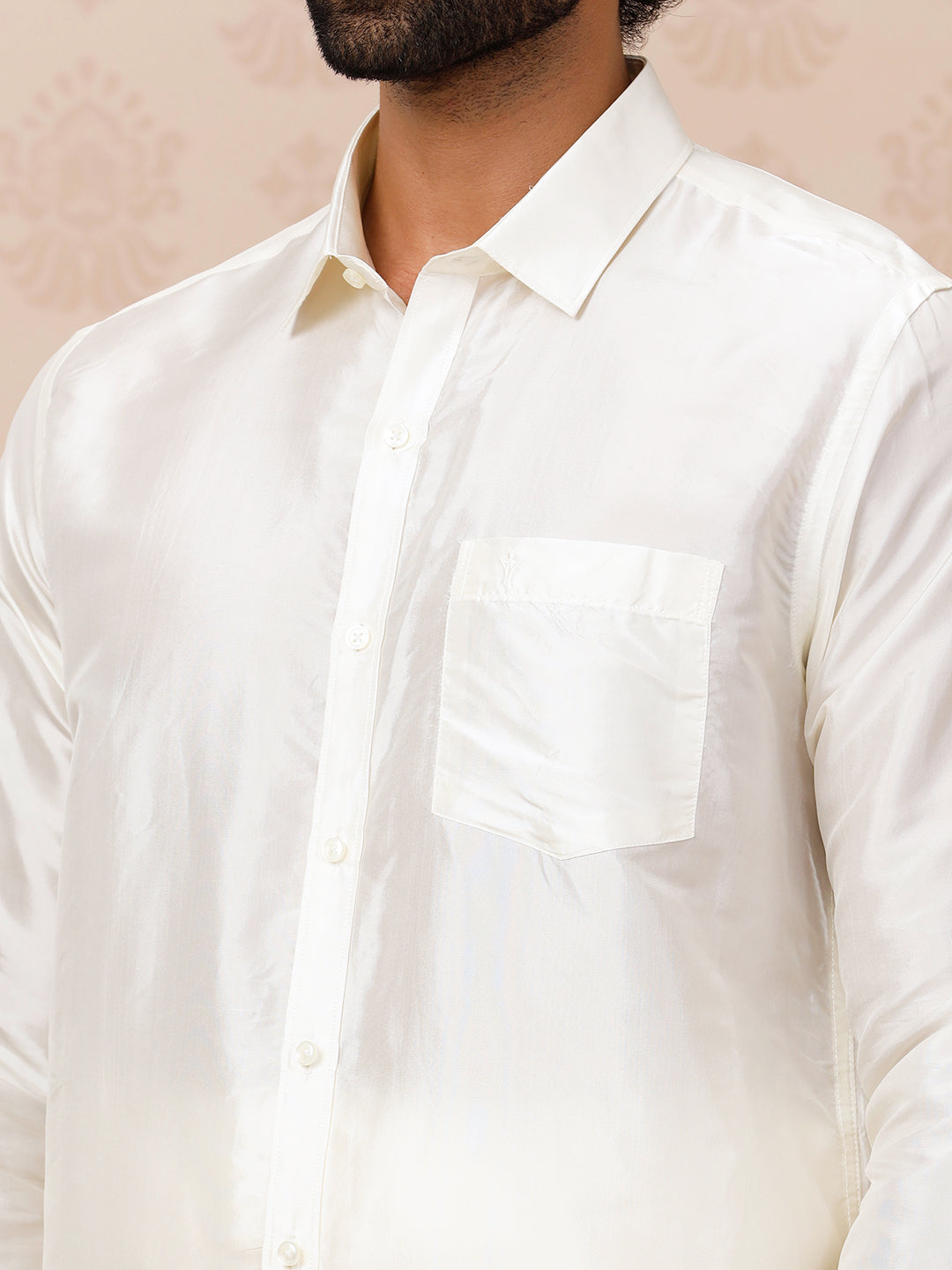 Men Pure Silk Cream with 1" inch Jari Border Dhoti Shirt & Towel Set
