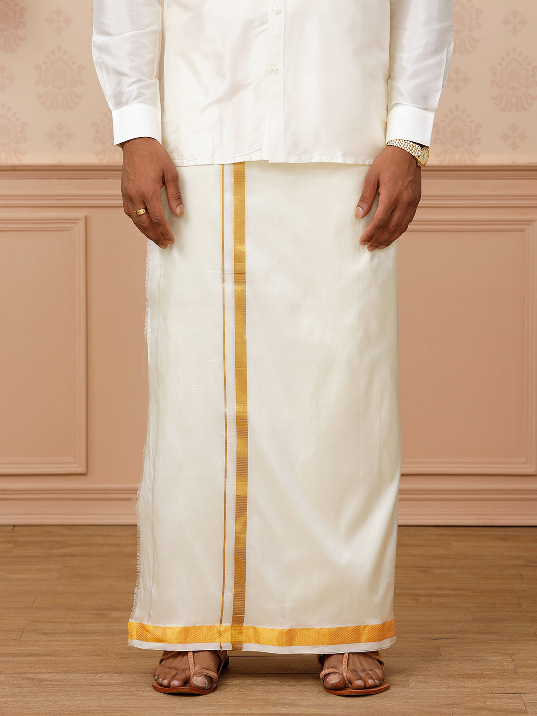 Men Pure Silk Cream Dhoti & Towel Set Thirukalyan 1" inch jari