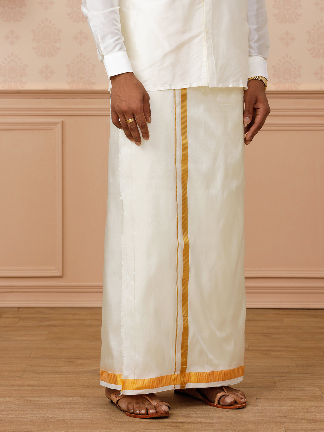 Men Pure Silk Cream Double Dhoti 1" inch Jari Border Upasana