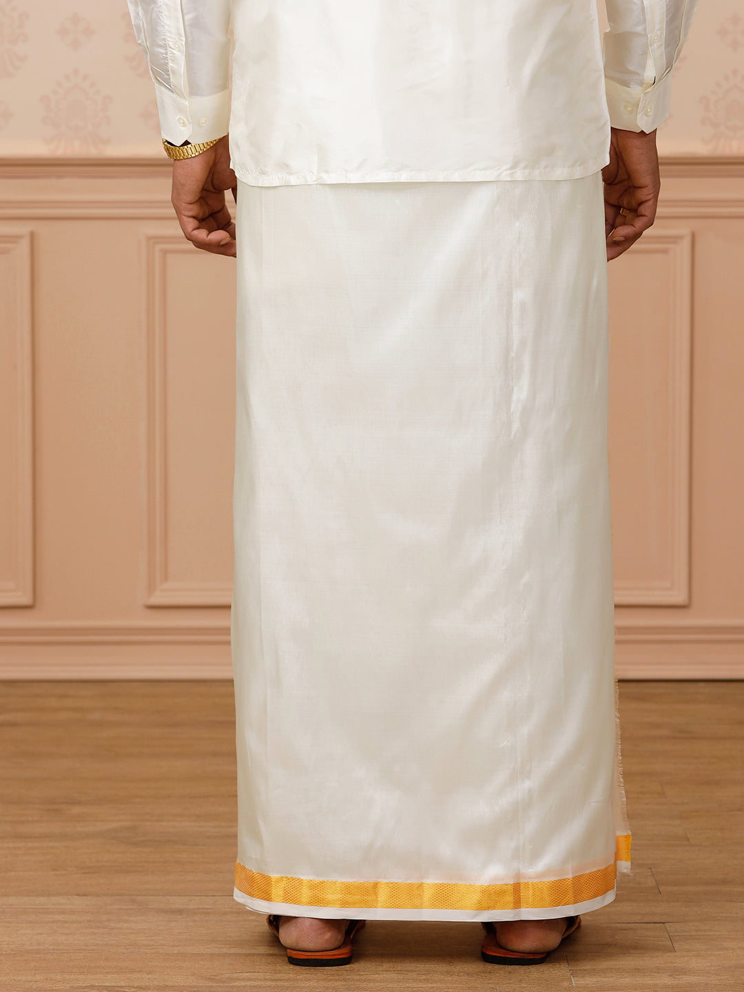 Men Pure Silk Cream with 1" inch Jari Border Double Layer Dhoti Upasana