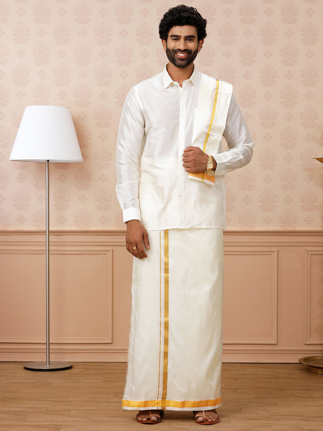 Men Pure Silk Cream with 1" inch Jari Border Dhoti Shirt & Towel Set