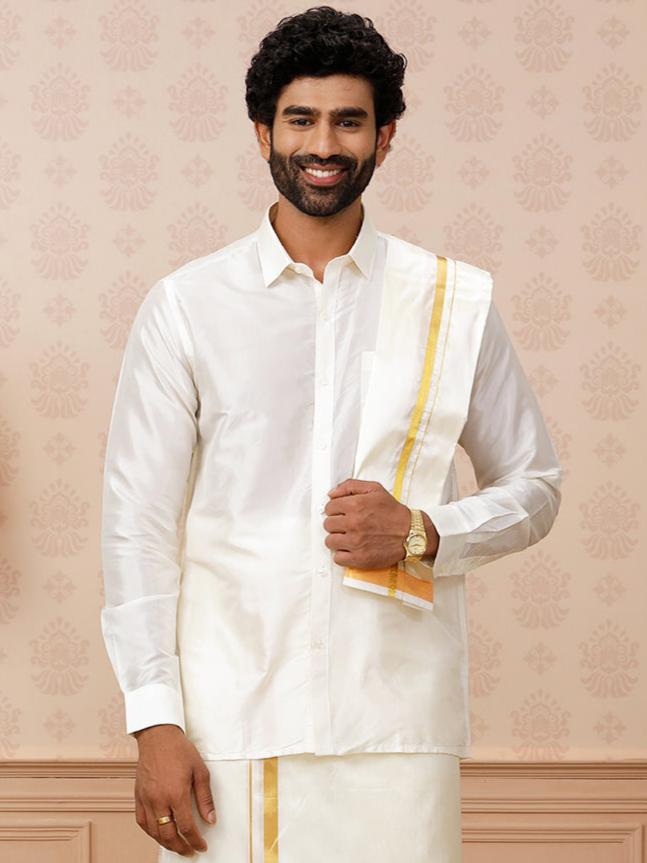 Men Pure Silk Cream with 1/2" inch Jari Border Towel Rajahamsa