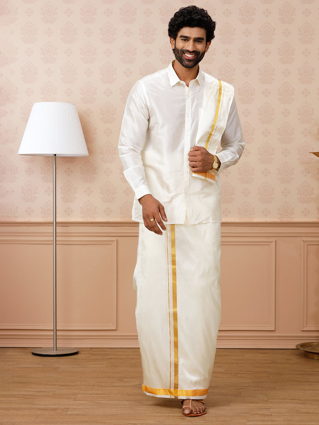 Men Pure Silk Cream with 1" inch Jari Border Double Layer Dhoti Upasana