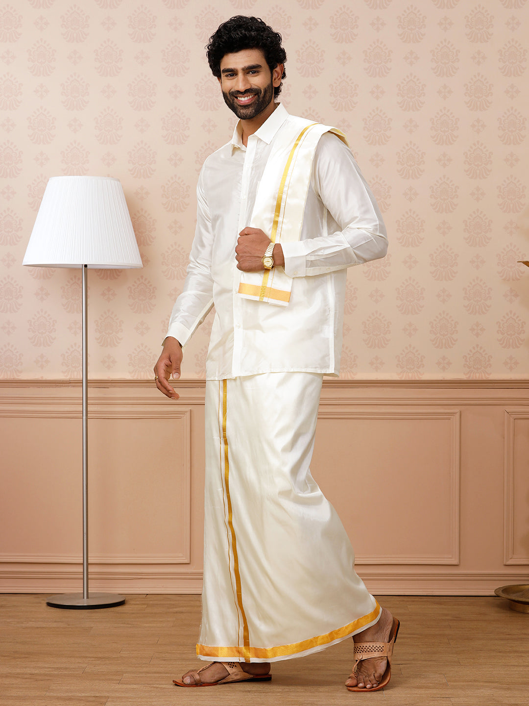 Men Pure Silk Cream 1" inch Jari Dhoti Shirting & Towel Set Rajahamsa