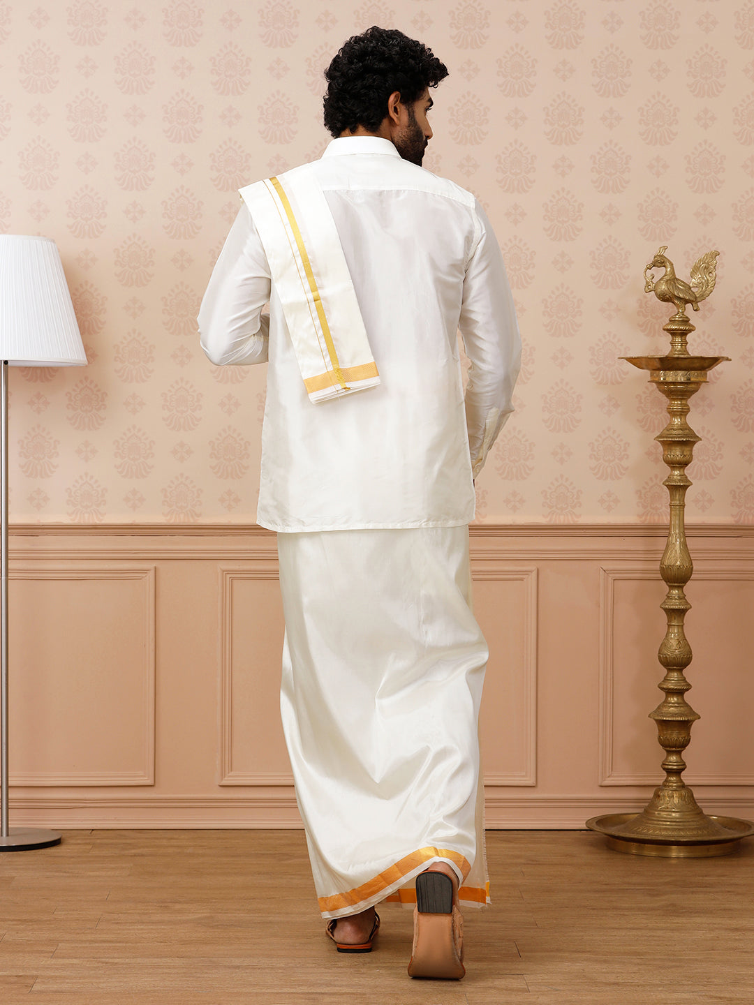 Men Pure Silk Cream 1" inch Jari Dhoti Shirting & Towel Set Rajahamsa