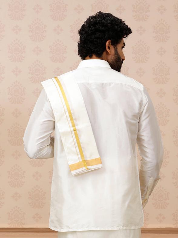 Men Pure Silk Cream with 1/2" inch Jari Border Towel Rajahamsa