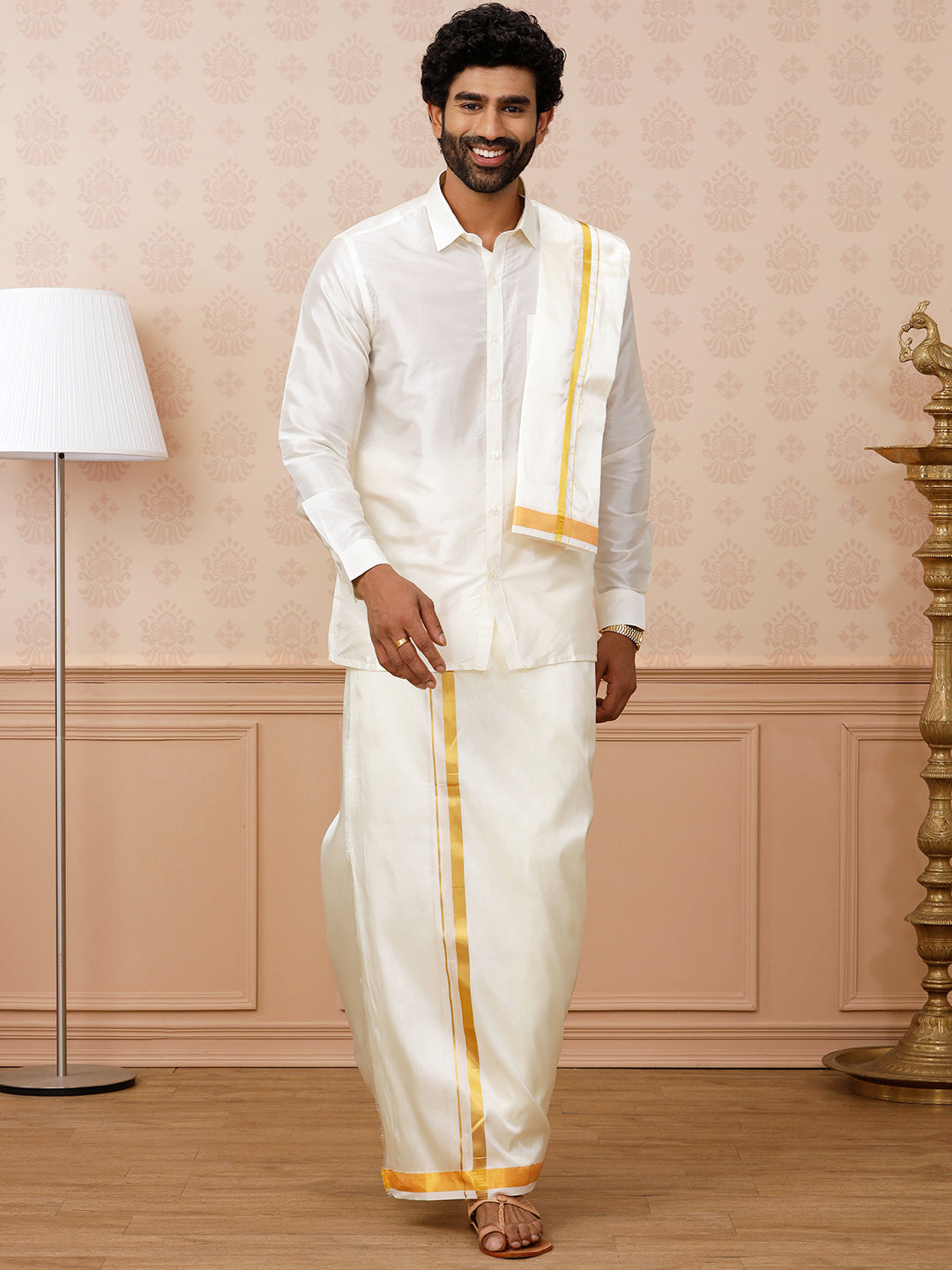 Men Pure Silk Cream 1" inch Jari Dhoti Shirting & Towel Set Rajahamsa