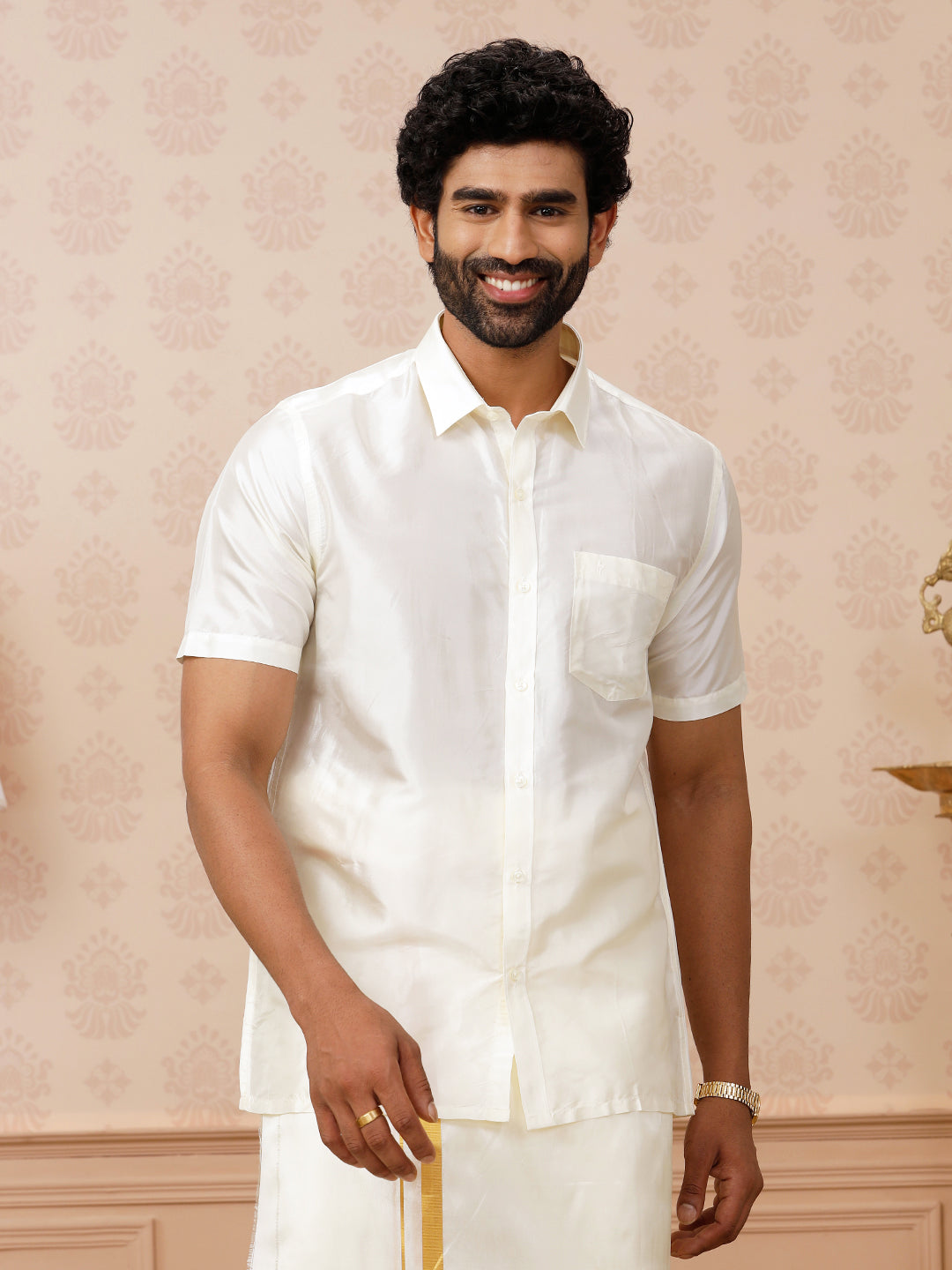 Men Pure Silk Cream Shirt Half Sleeves Silk Mark