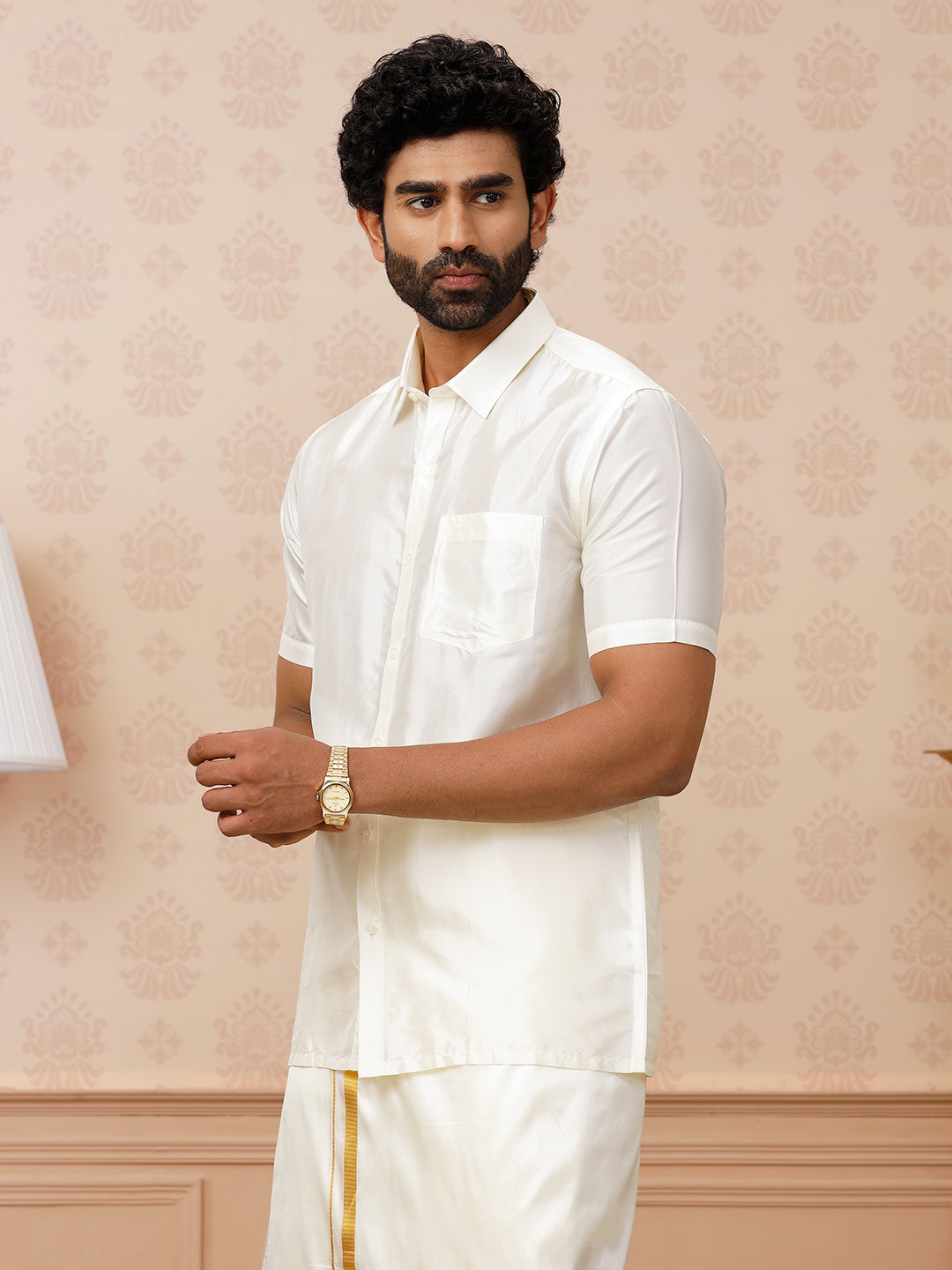 Men Pure Silk Cream Shirt Half Sleeves Silk Mark