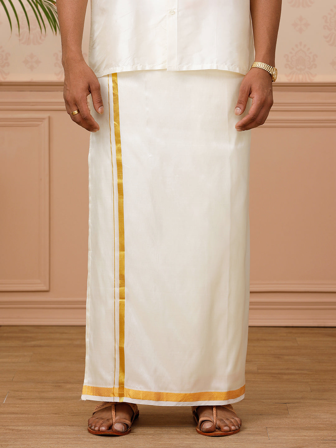 Men Pure Silk Cream with 3/4" inch Jari Border Double Layer Dhoti Thirukalyan 30K