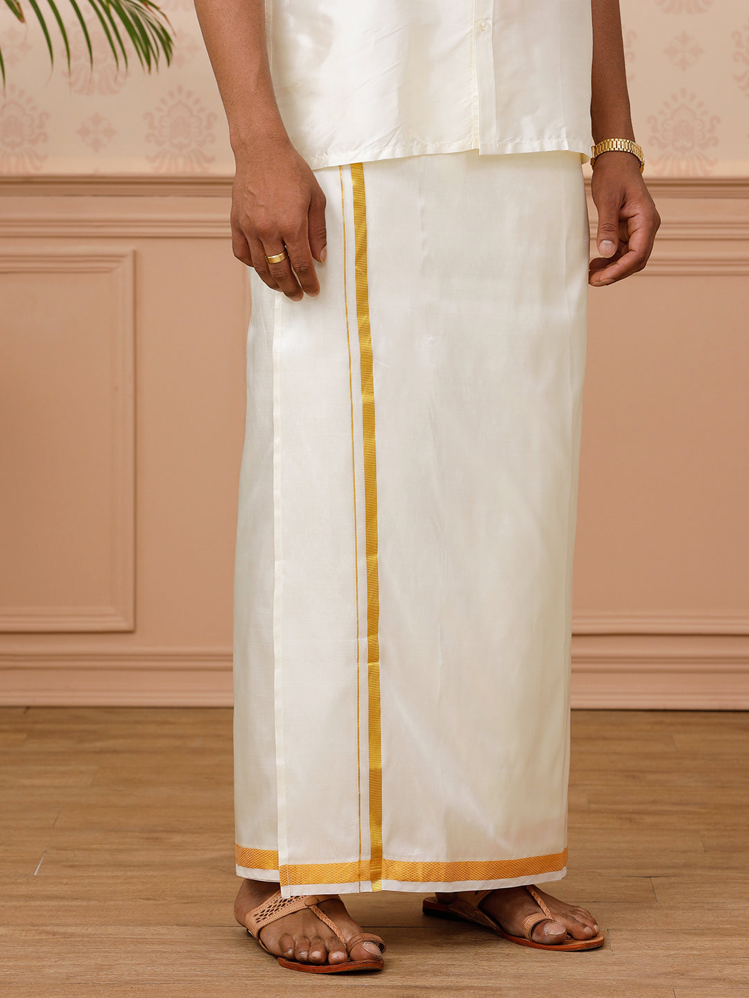 Men Silk Cream 3/4" inch jari Dhoti & Shirting Suba Hamsa