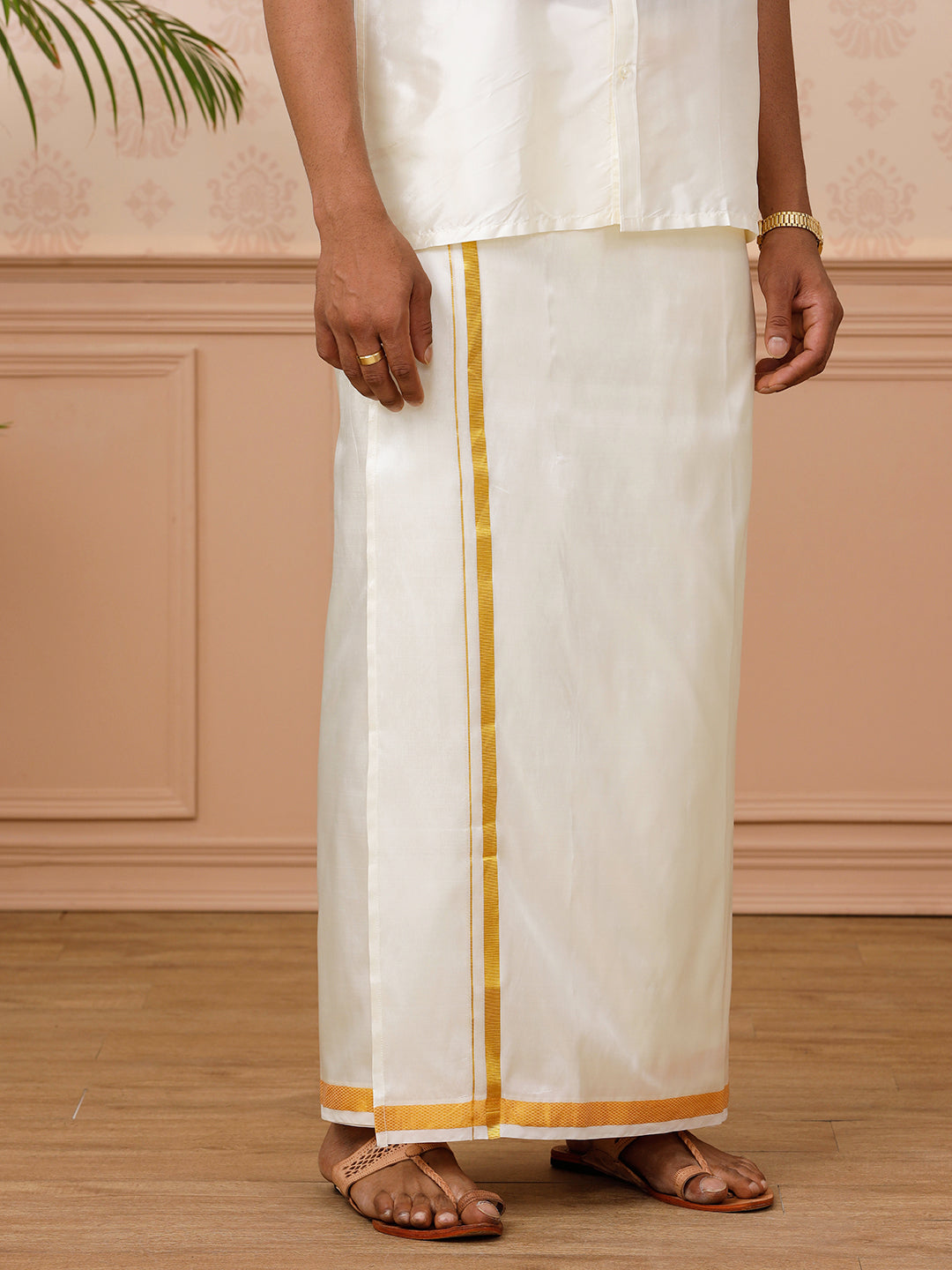 Men Pure Silk Cream with 3/4" Inch Gold Jari Border Readymade Dhoti & Towel Set 40K Genxt