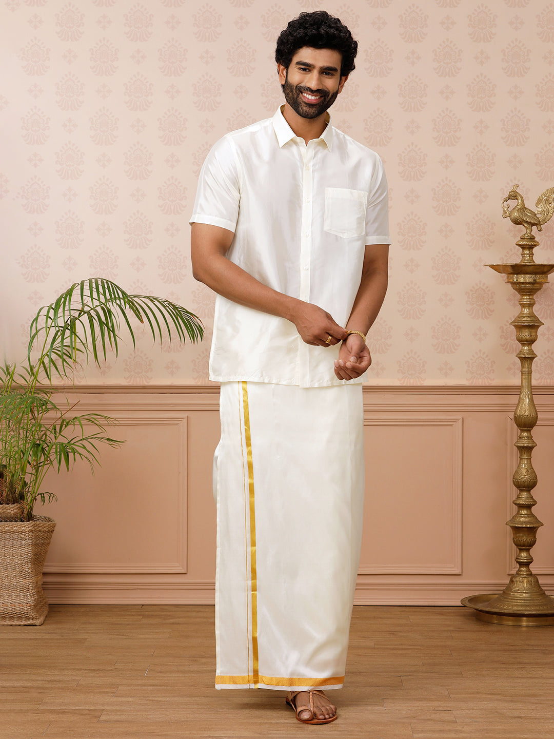 Men Pure Silk Cream Shirt Half Sleeves with Readymade 3/4" inch Jari Dhoti Combo