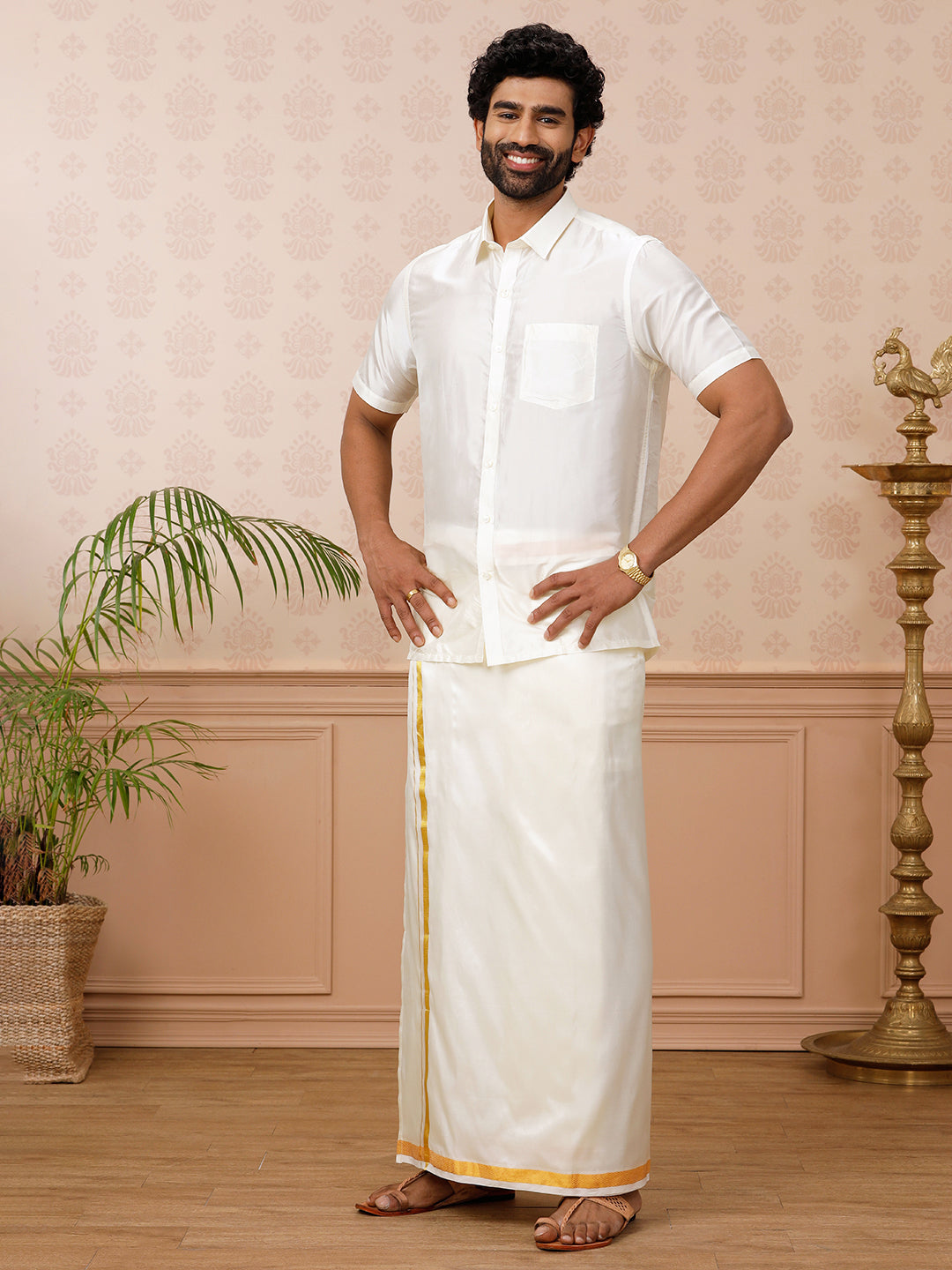 Men Silk Cream 3/4" inch Jari Border Dhoti Shirt & Towel Set Subha Vaibhavaa