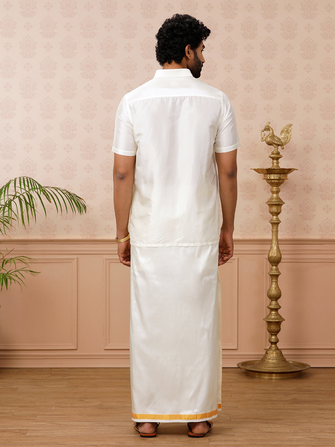 Men Pure Silk Cream Shirt Half Sleeves with Readymade 3/4" inch Jari Dhoti Combo