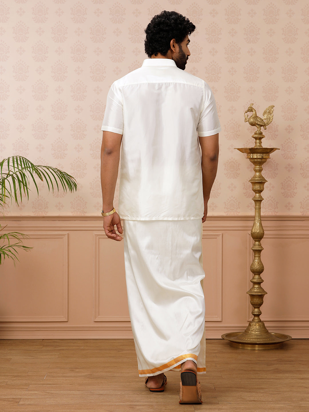 Men Pure Silk Cream Shirt Half Sleeves with 3/4" inch Jari Dhoti Combo