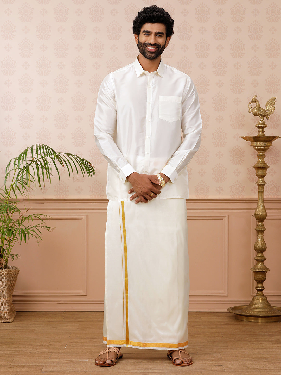 Men Silk Cream 3/4" inch jari Dhoti & Shirting Suba Hamsa