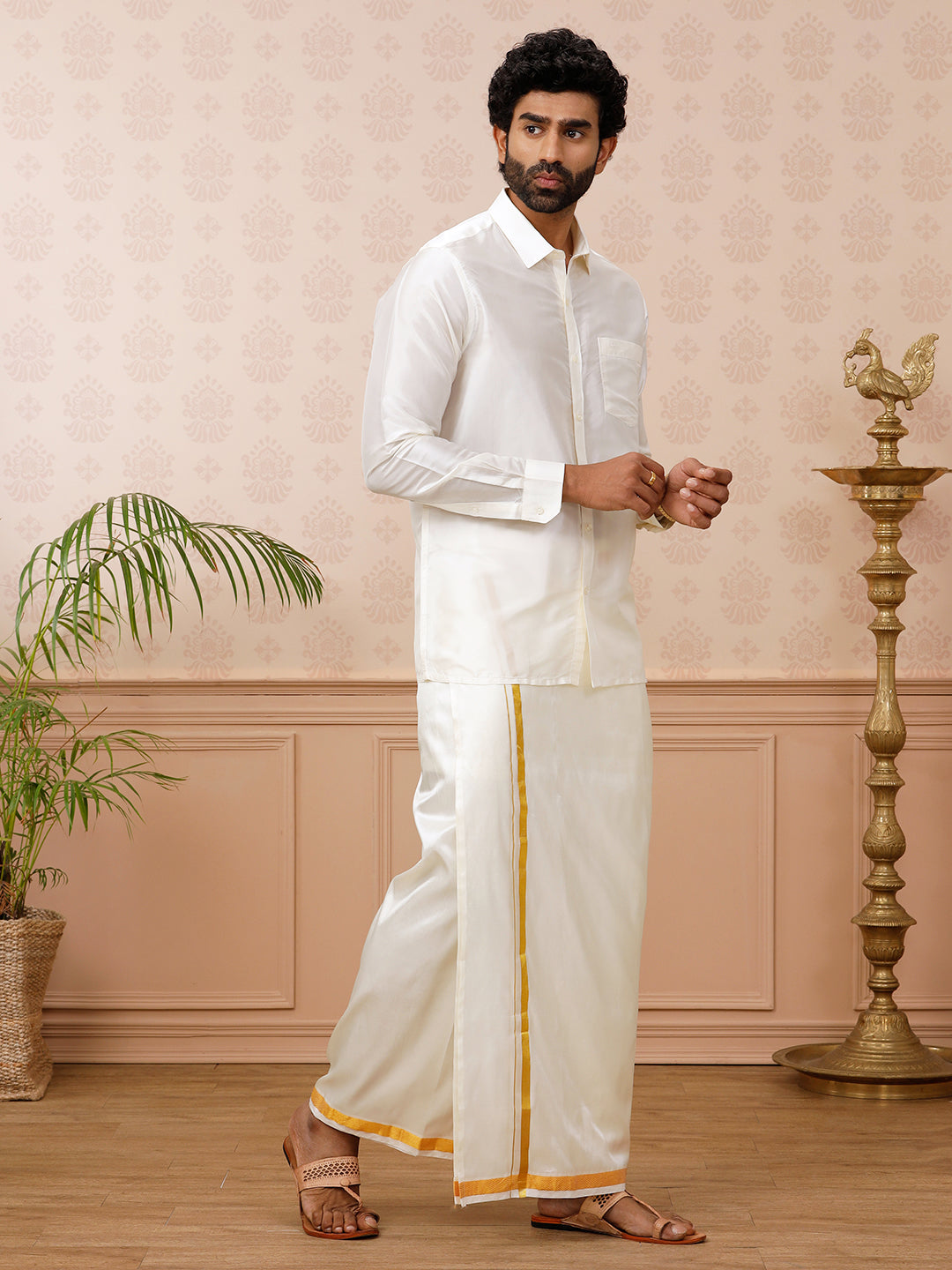 Men Silk Cream with 3/4" inch Gold Jari Border Dhoti & Shirting Suba Hamsa