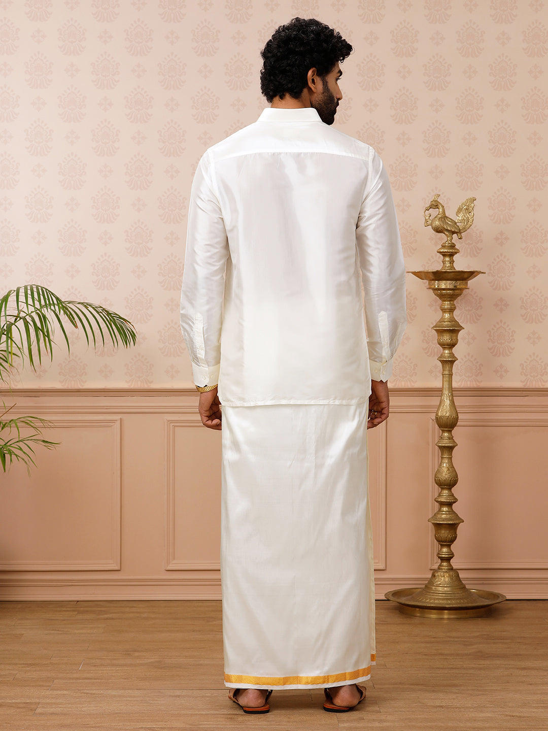 Men Silk Cream with 3/4" inch Gold Jari Border Dhoti & Shirting Suba Hamsa