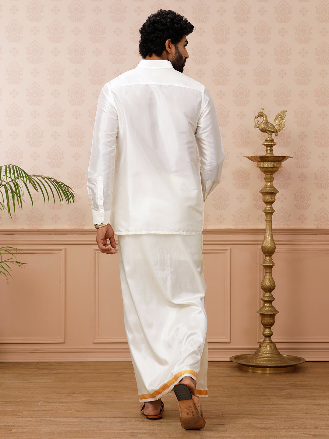 Men Pure Silk Cream Shirt Full Sleeves with Readymade 3/4" inch Jari Dhoti Combo